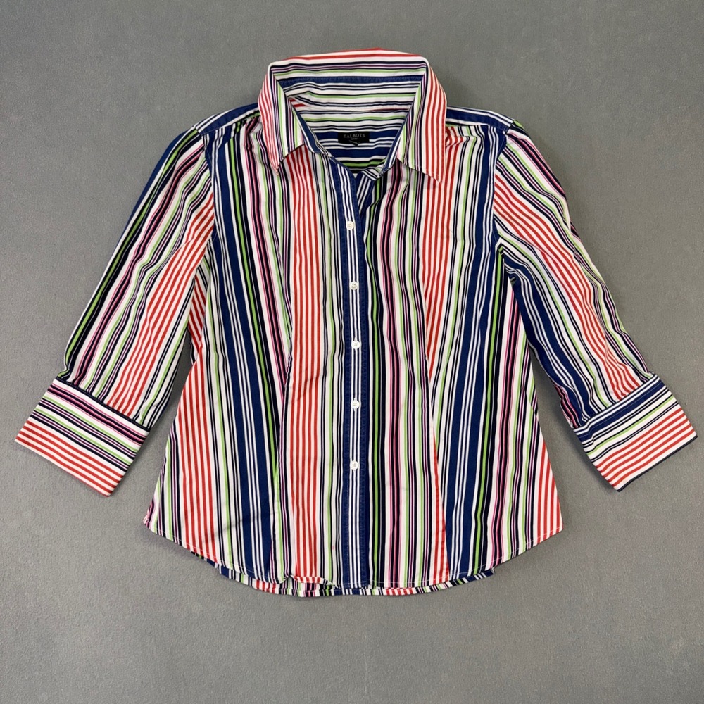 Talbots Petites Striped Button Down Shirt 10P Multi Color 3/4 Sleeve Cotton